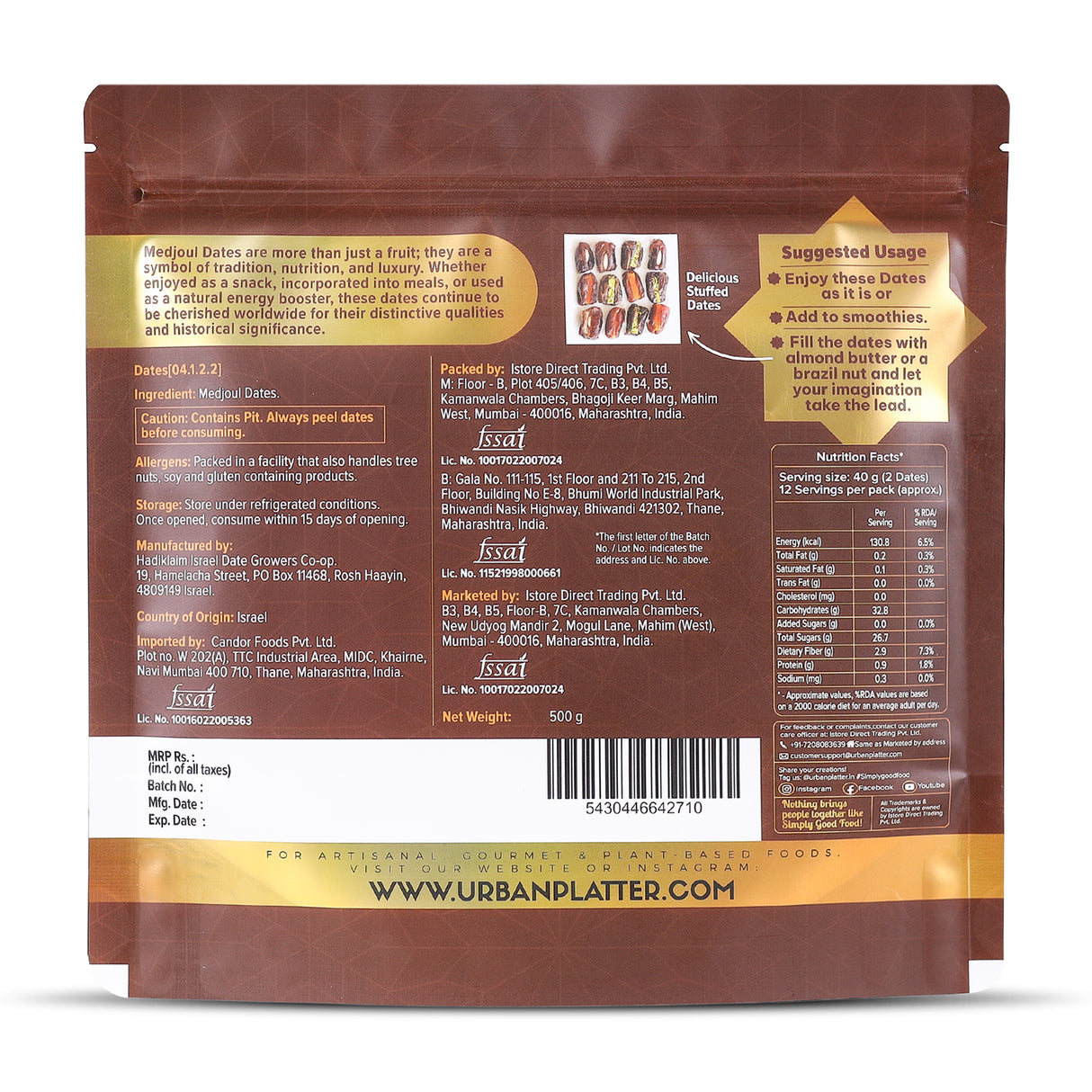 Urban Platter Jumbo Medjoul Dates, 500g (Hand-Sorted | Large-Sized & Succulent | Ideal for Premium Snacking & Festive Gifting)