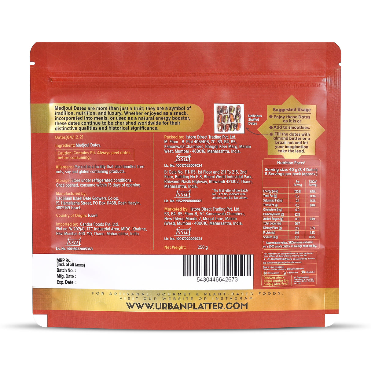 Urban Platter Medium Medjoul Dates, 250g (Hand-Sorted | Moist & Caramelly Texture | Perfect for Snacking & Gifting)