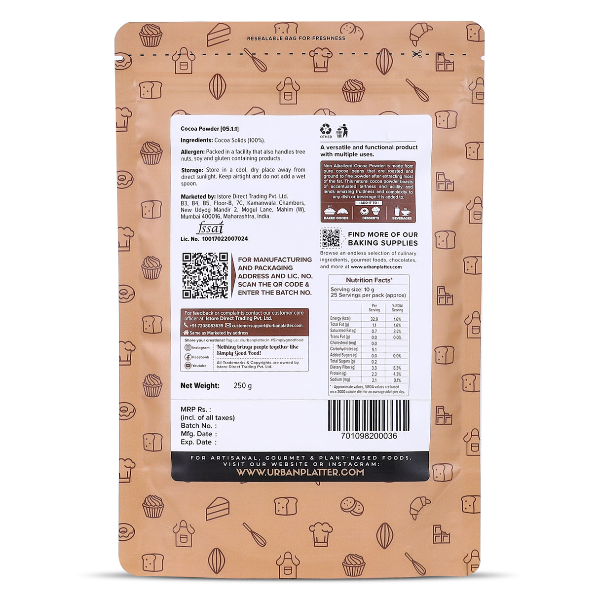 Urban Platter Natural Unsweetened Cocoa Powder, 250g