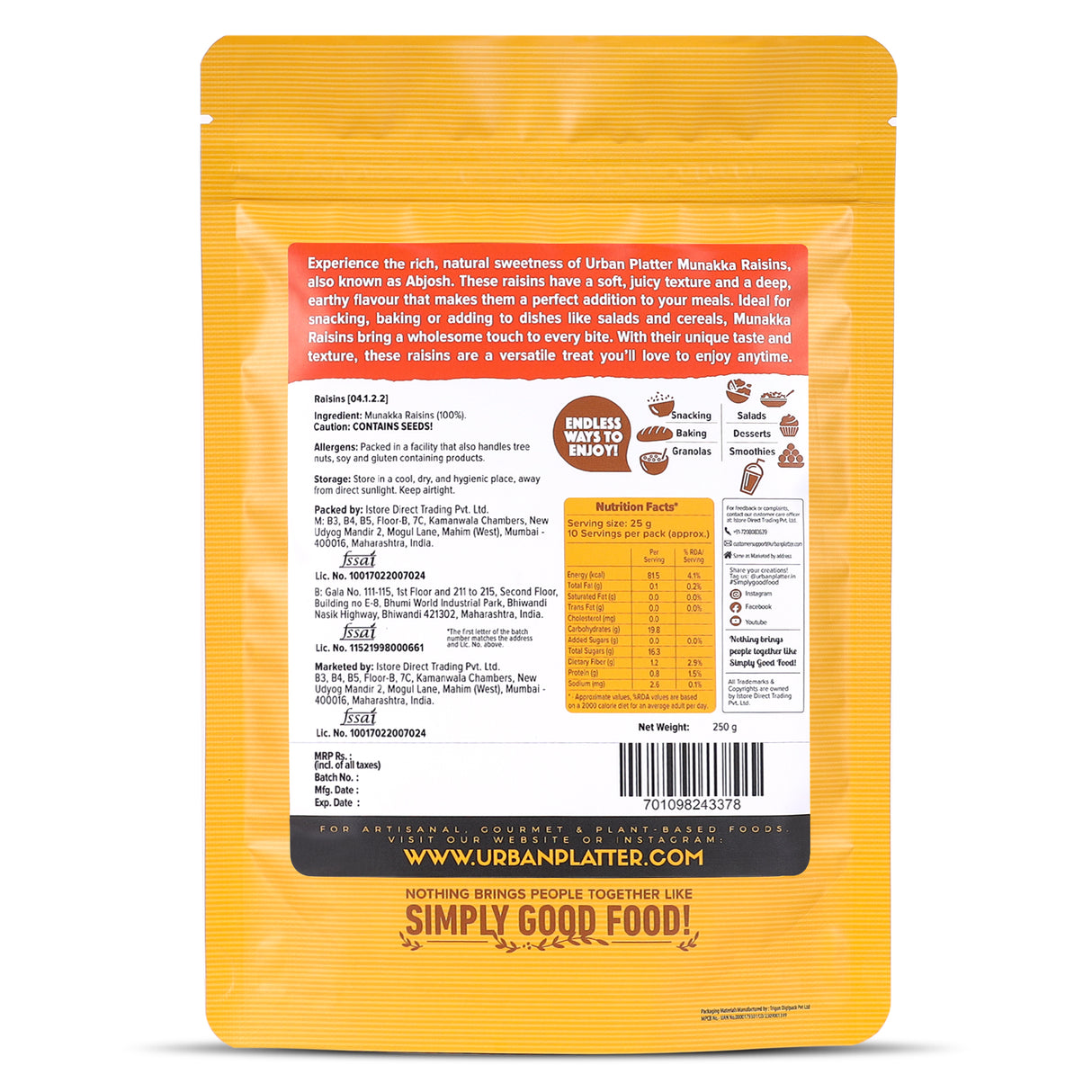 Urban Platter Premium Munakka Raisins, (Garnish or Add to Fruit Salads, Oatmeals, Mueslis, Trail Mixes, Ice creams, Baked Goods, Kheer & Ladoos)