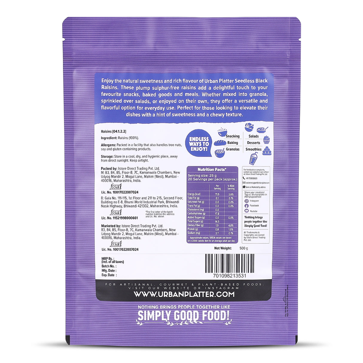 Urban Platter Seedless Black Raisins, 500g (Garnish or Add to Fruit Salads, Oatmeals, Mueslis, Trail Mixes, Ice creams, Baked Goods, Kheer & Ladoos)