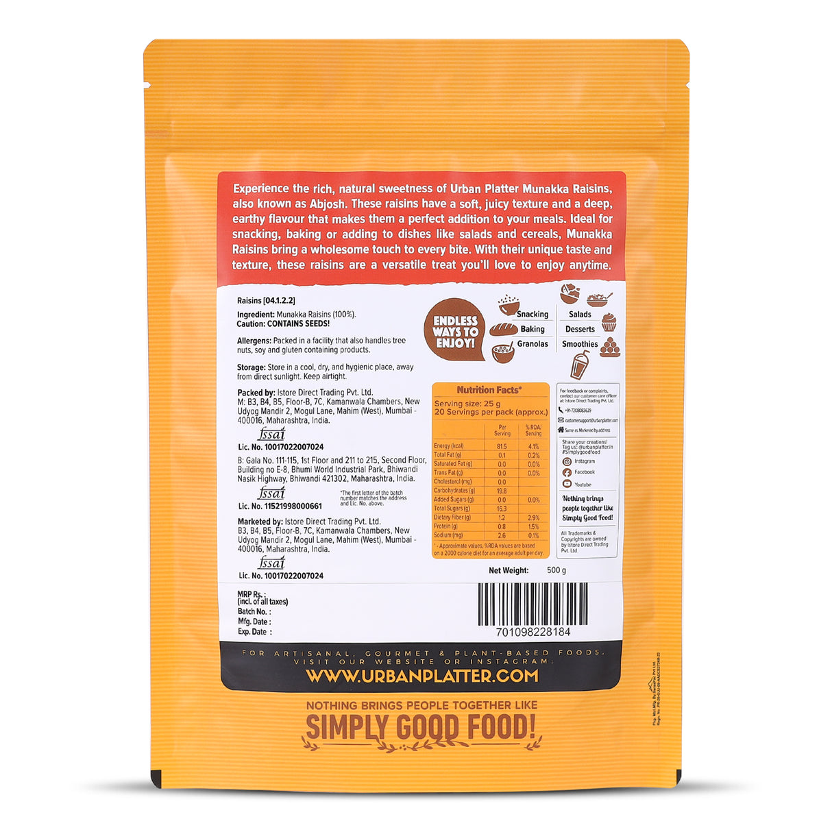 Urban Platter Premium Munakka Raisins, (Garnish or Add to Fruit Salads, Oatmeals, Mueslis, Trail Mixes, Ice creams, Baked Goods, Kheer & Ladoos)