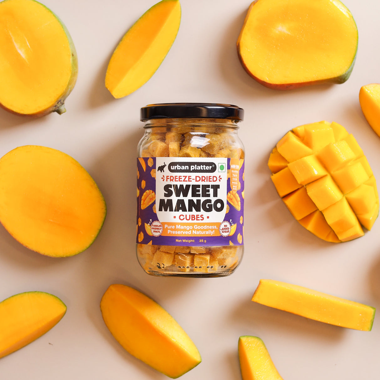 Urban Platter Freeze-Dried Mango Cubes, 35g (Real Fruit | Sweet & Tangy | Ideal for Snacking, Baking & Desserts)