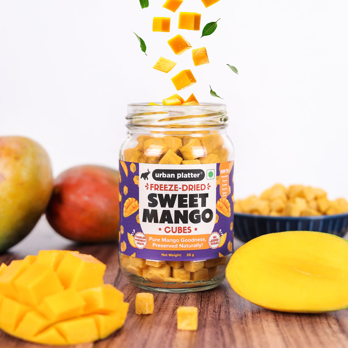 Urban Platter Freeze-Dried Mango Cubes, 35g (Real Fruit | Sweet & Tangy | Ideal for Snacking, Baking & Desserts)
