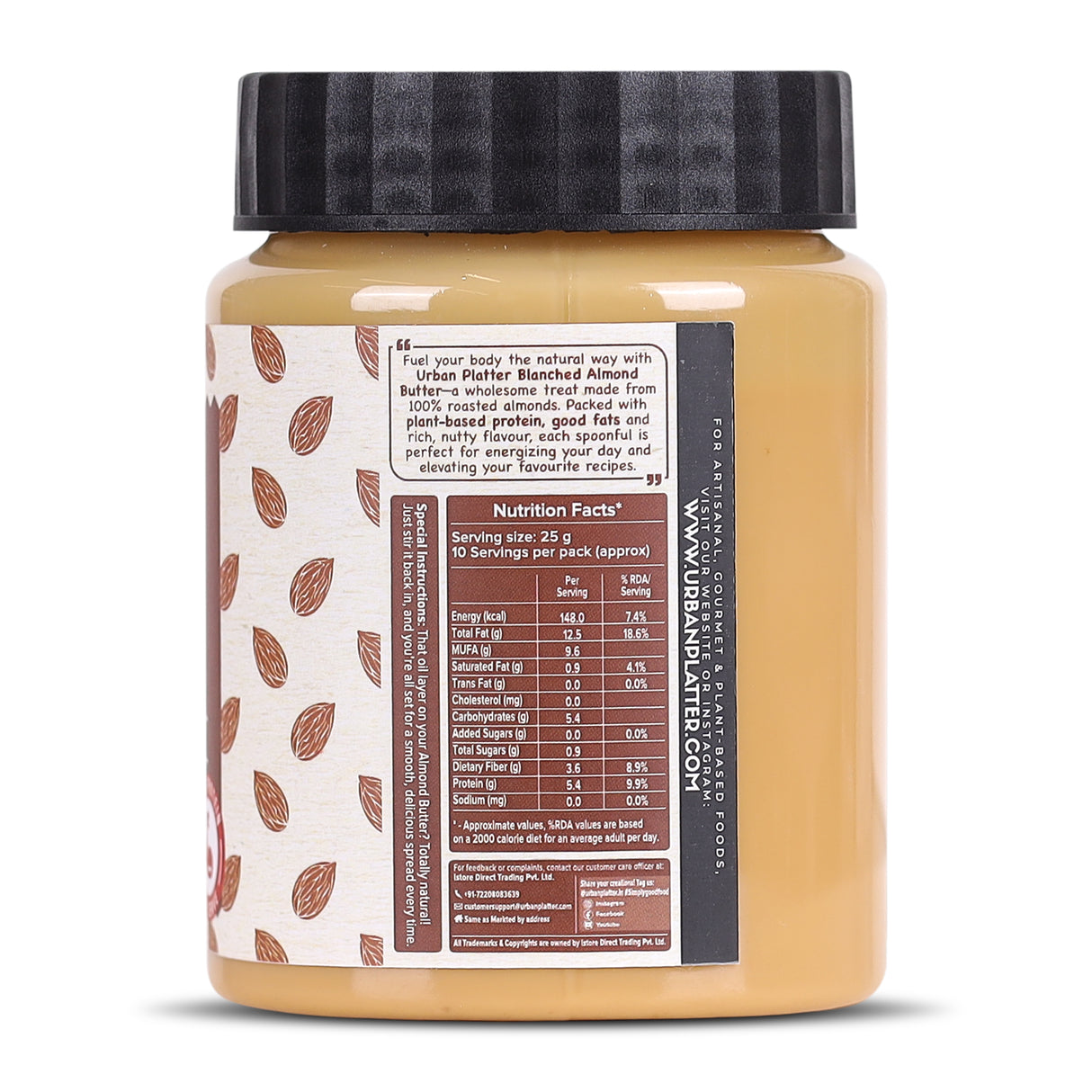 Urban Platter Almond Butter (Without Skin) (Nutty Flavour | Single Ingredient | Keto-Friendly | Blanched Paste)