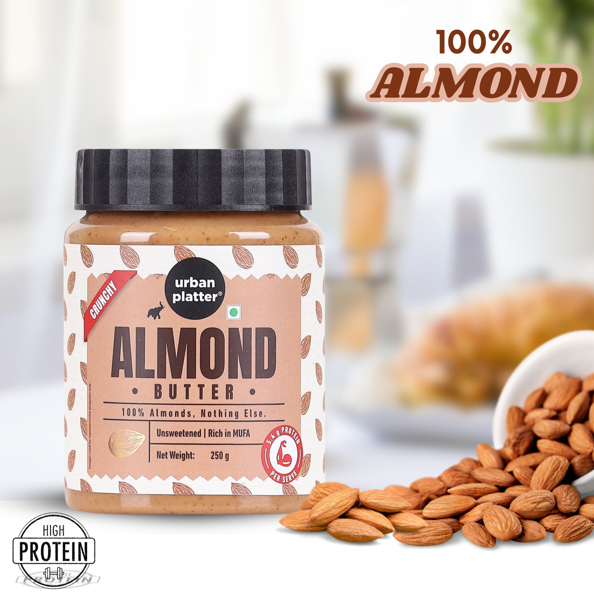 Urban Platter Crunchy Almond Butter, 250g (With Roasted Almonds bits | Single Ingredient | Keto-Friendly)