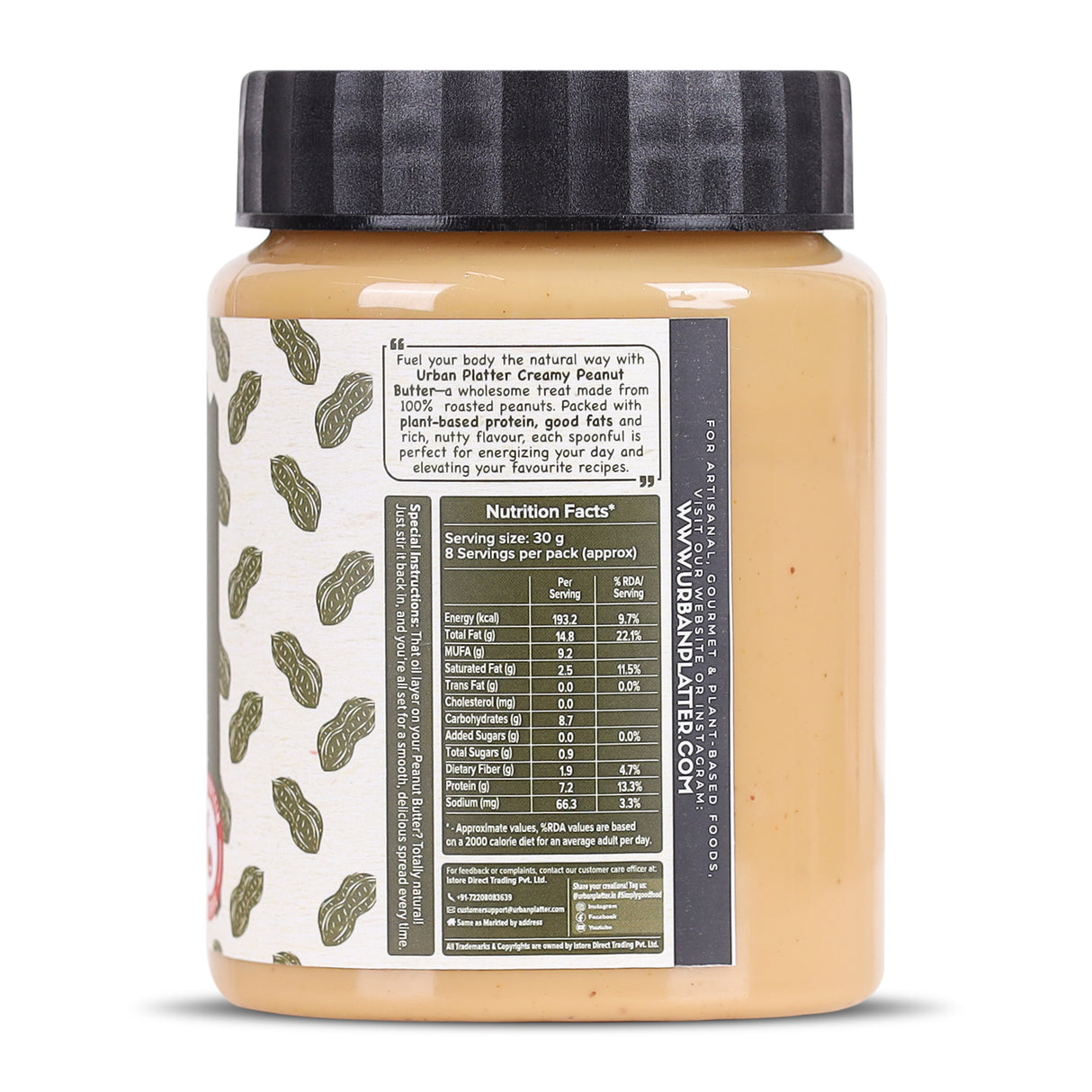 Urban Platter Natural Creamy Peanut Butter, [Unsweetened, No Added Oil]