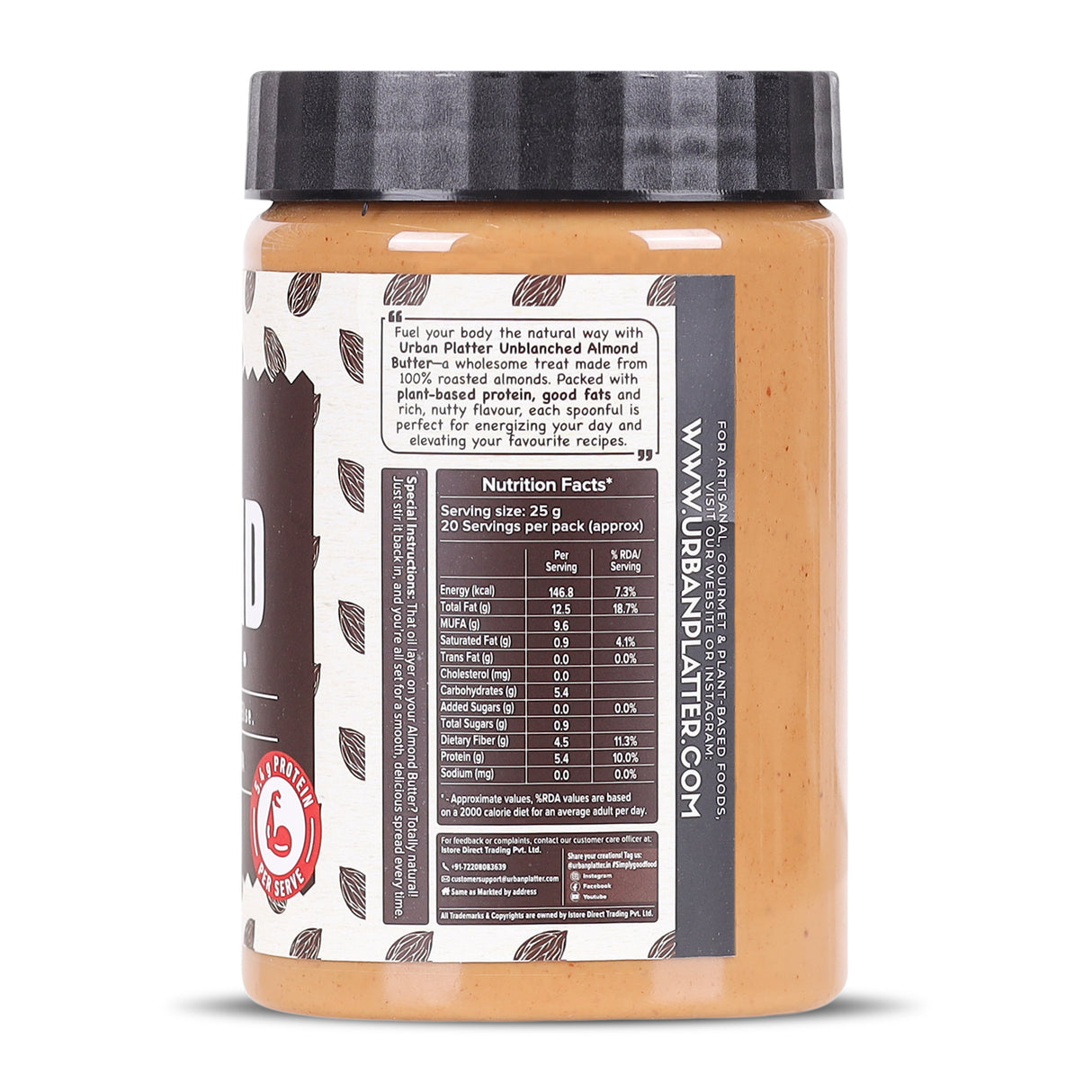 Urban Platter Almond Butter (With Skin), 500g (Bold Nutty Flavour | Single Ingredient | Keto-Friendly | Unblanched Paste)