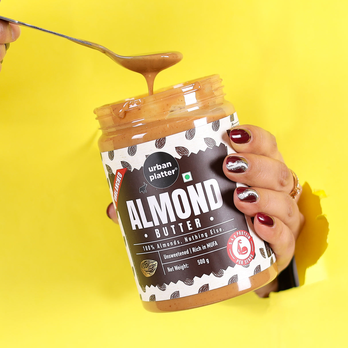 Urban Platter Almond Butter (With Skin), 500g (Bold Nutty Flavour | Single Ingredient | Keto-Friendly | Unblanched Paste)