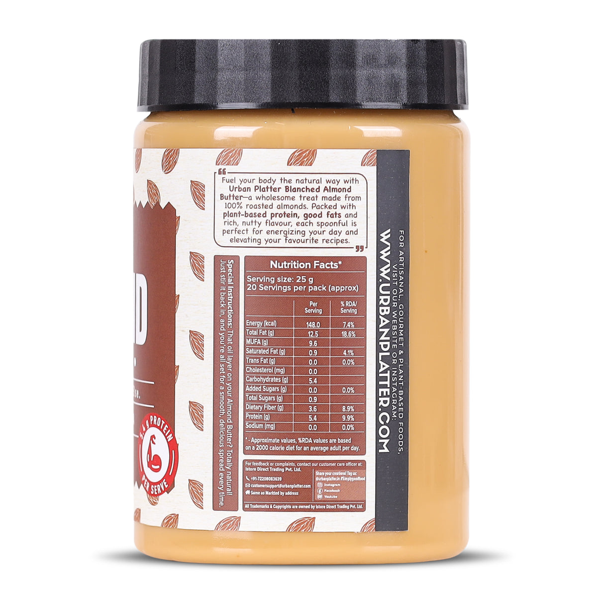 Urban Platter Almond Butter (Without Skin), 500g (Nutty Flavour | Single Ingredient | Keto-Friendly | Blanched Paste)