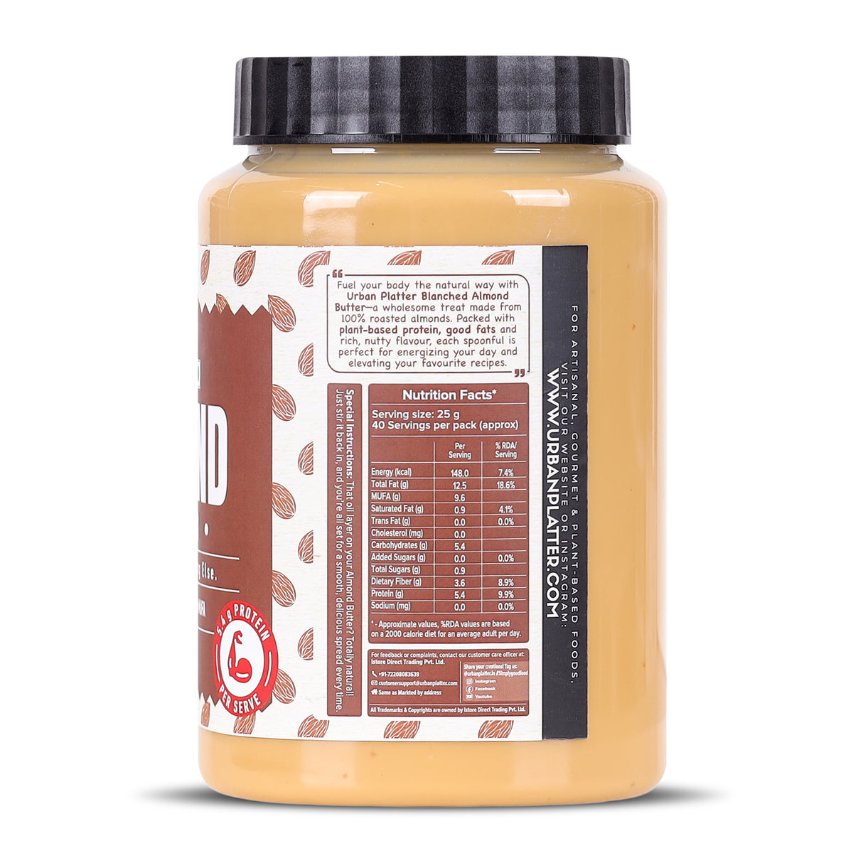 Urban Platter Almond Butter (Without Skin), 1Kg (Nutty Flavour | Single Ingredient | Keto-Friendly | Blanched Paste)