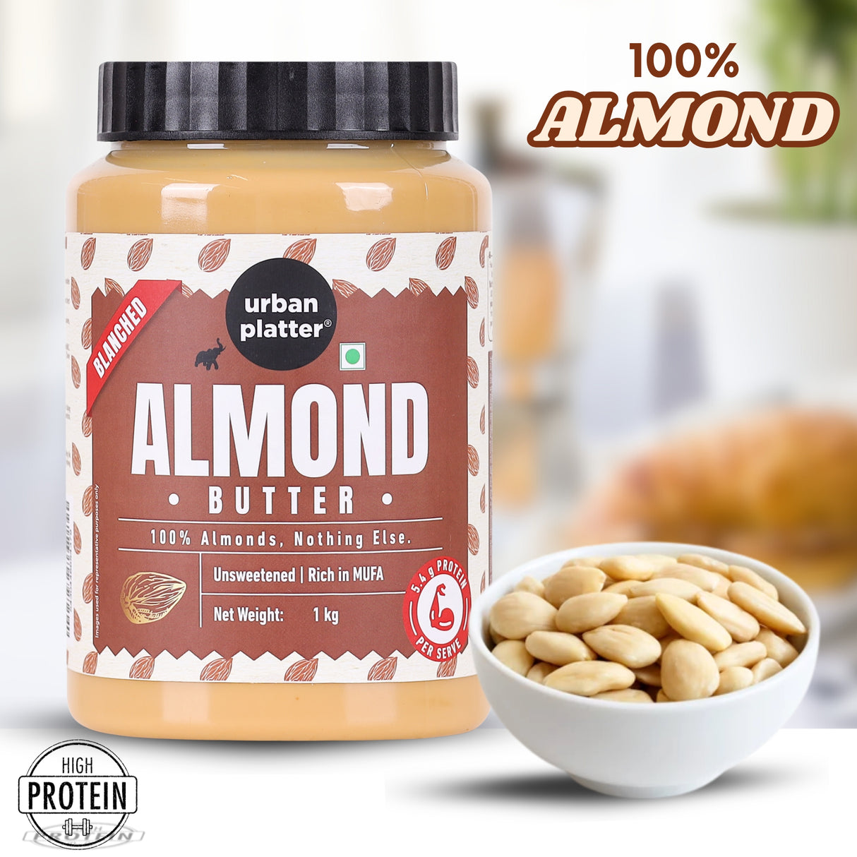 Urban Platter Almond Butter (Without Skin), 1Kg (Nutty Flavour | Single Ingredient | Keto-Friendly | Blanched Paste)