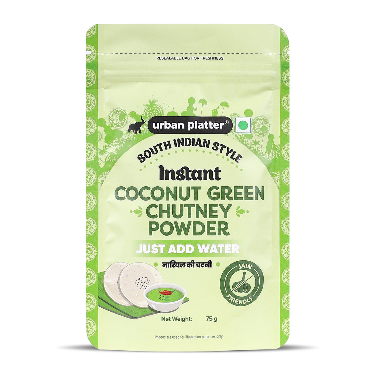 Urban Platter South Indian Style Instant Coconut Green Chutney Powder, 75g (Instant Dry Chutney Mix | Jain-friendly | Just Add Water | Perfect for Idli, Dosa and Snacks)