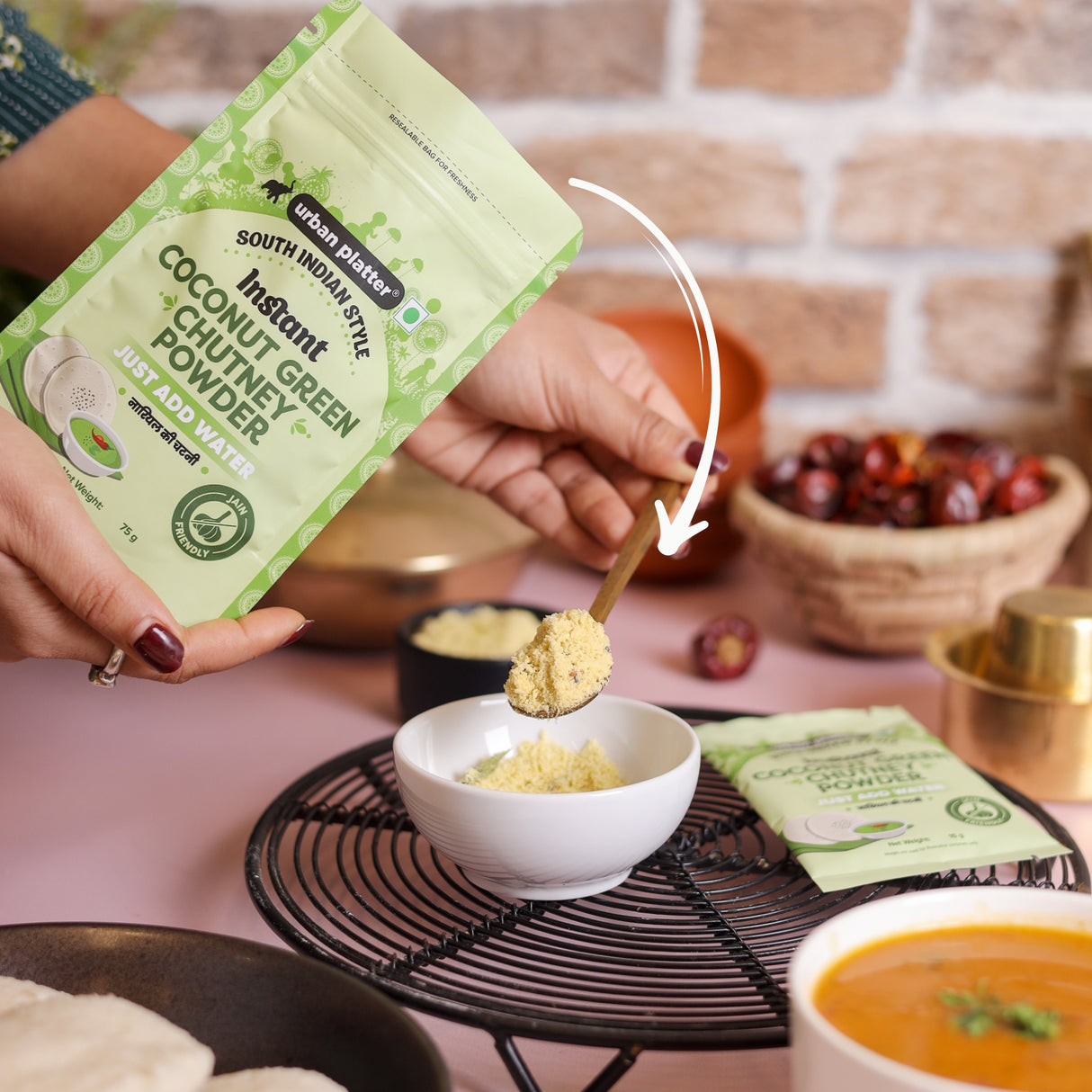 Urban Platter South Indian Style Instant Coconut Green Chutney Powder, 15g (Instant Dry Chutney Mix | Jain-friendly | Just Add Water | Perfect for Idli, Dosa and Snacks)