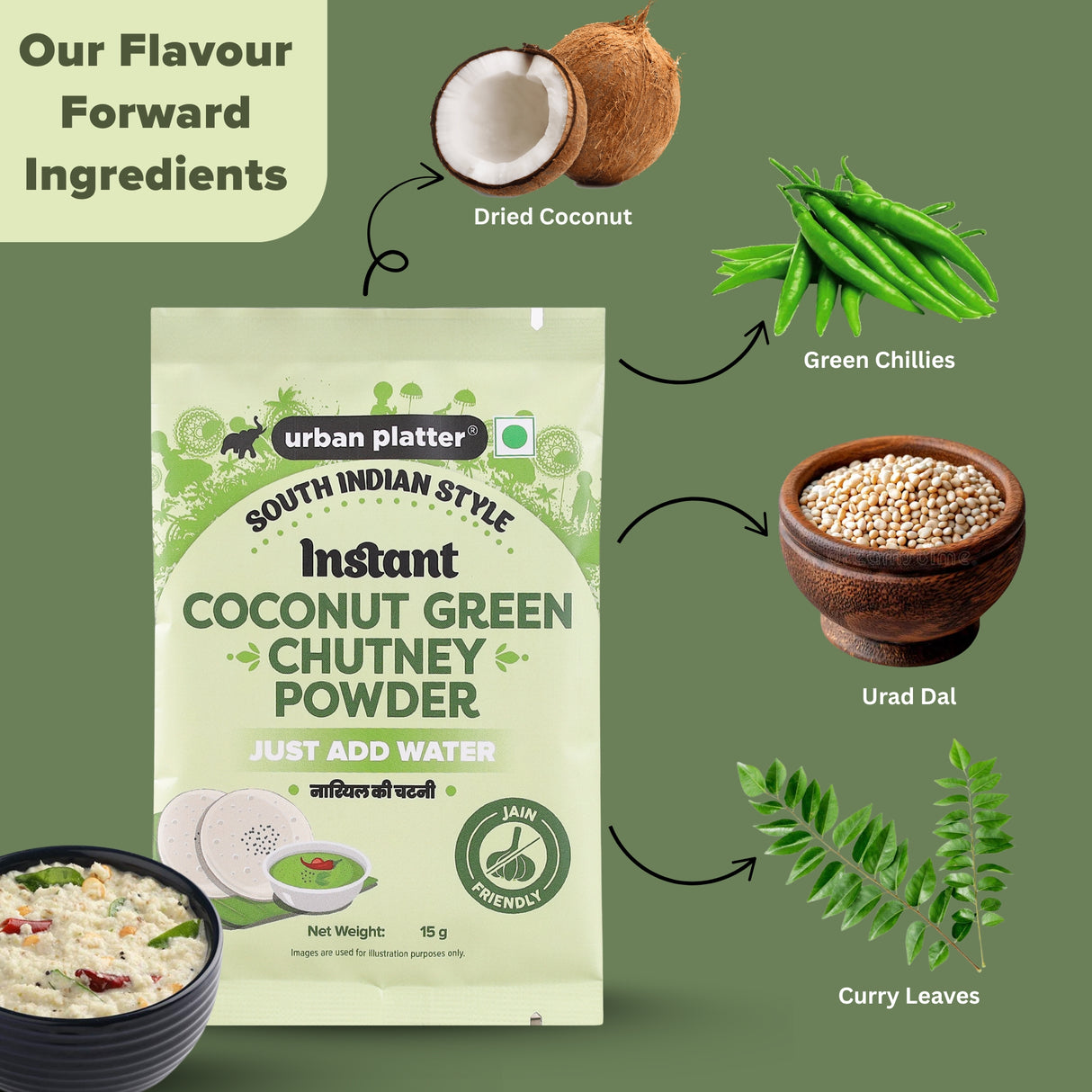 Urban Platter South Indian Style Instant Coconut Green Chutney Powder, 15g (Instant Dry Chutney Mix | Jain-friendly | Just Add Water | Perfect for Idli, Dosa and Snacks)