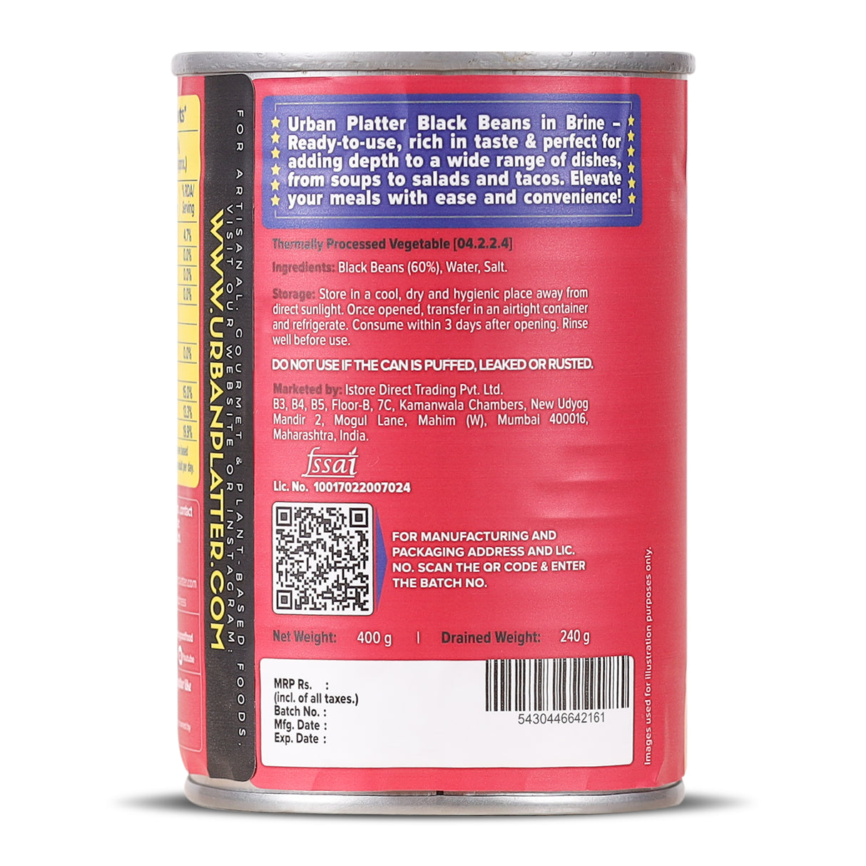 Urban Platter Black Beans in Brine, 400g ( Ready to Use | Ideal for Salads, Tacos and Meal Prep | 240g Drained Weight )
