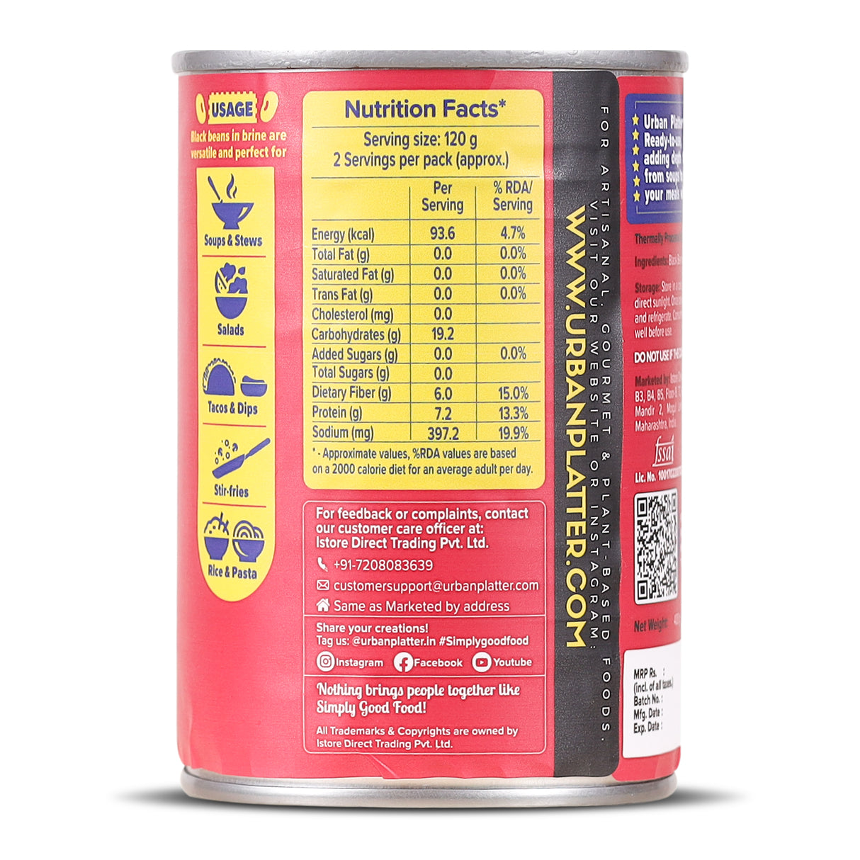 Urban Platter Black Beans in Brine, 400g ( Ready to Use | Ideal for Salads, Tacos and Meal Prep | 240g Drained Weight )