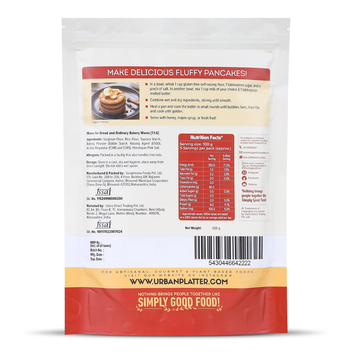 Urban Platter Self Raising Gluten-Free Flour, 500g (Ready Mix | Wheat Free | For Pancakes, Muffins and Cakes)