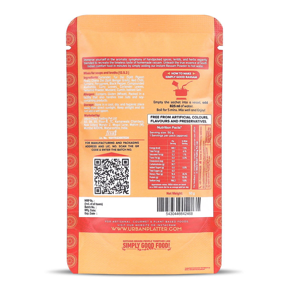 Urban Platter South Indian Style Instant Rassam Powder, 50g (Quick South Indian Soup Mix | Jain-friendly | Just Add Water | Ideal for Rice and Light Meals)