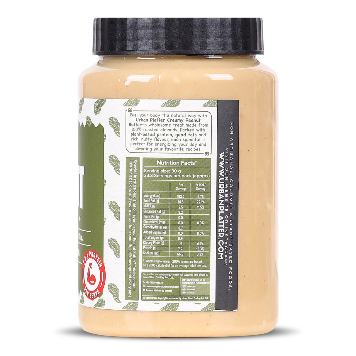 Urban Platter Natural Creamy Peanut Butter, 1kg  [Unsweetened, No Added Oil]