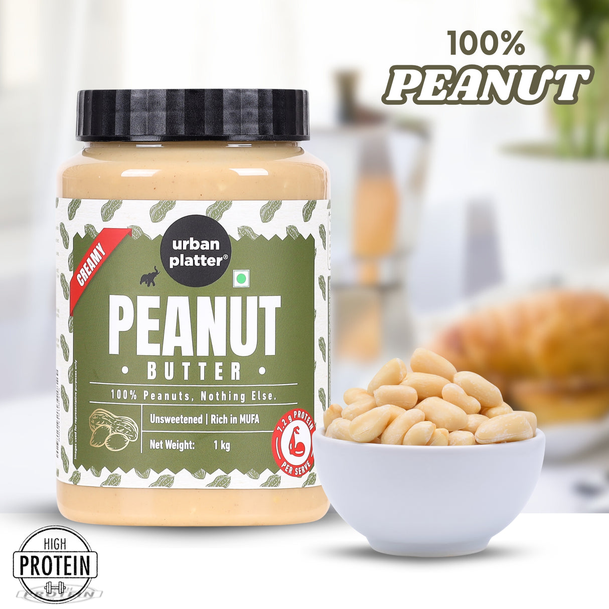 Urban Platter Natural Creamy Peanut Butter, 1kg  [Unsweetened, No Added Oil]