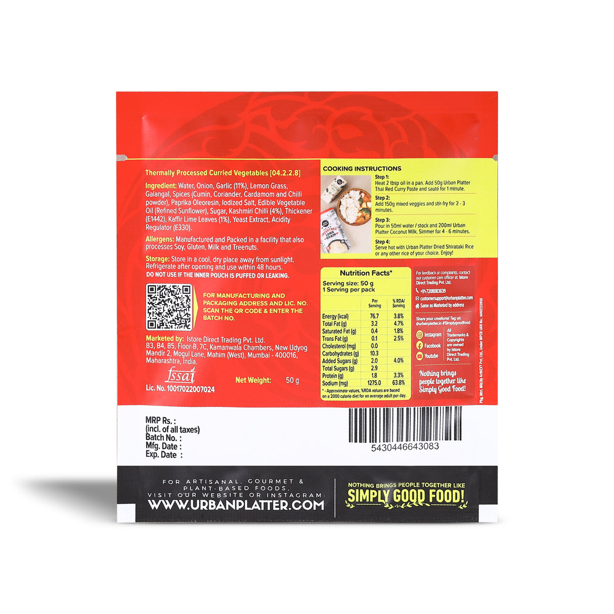 Urban Platter Red Thai Curry Paste, 50g (Plant-Based | Medium Spicy | Serves 2-3 | Free from Preservatives, Colours, Flavours)