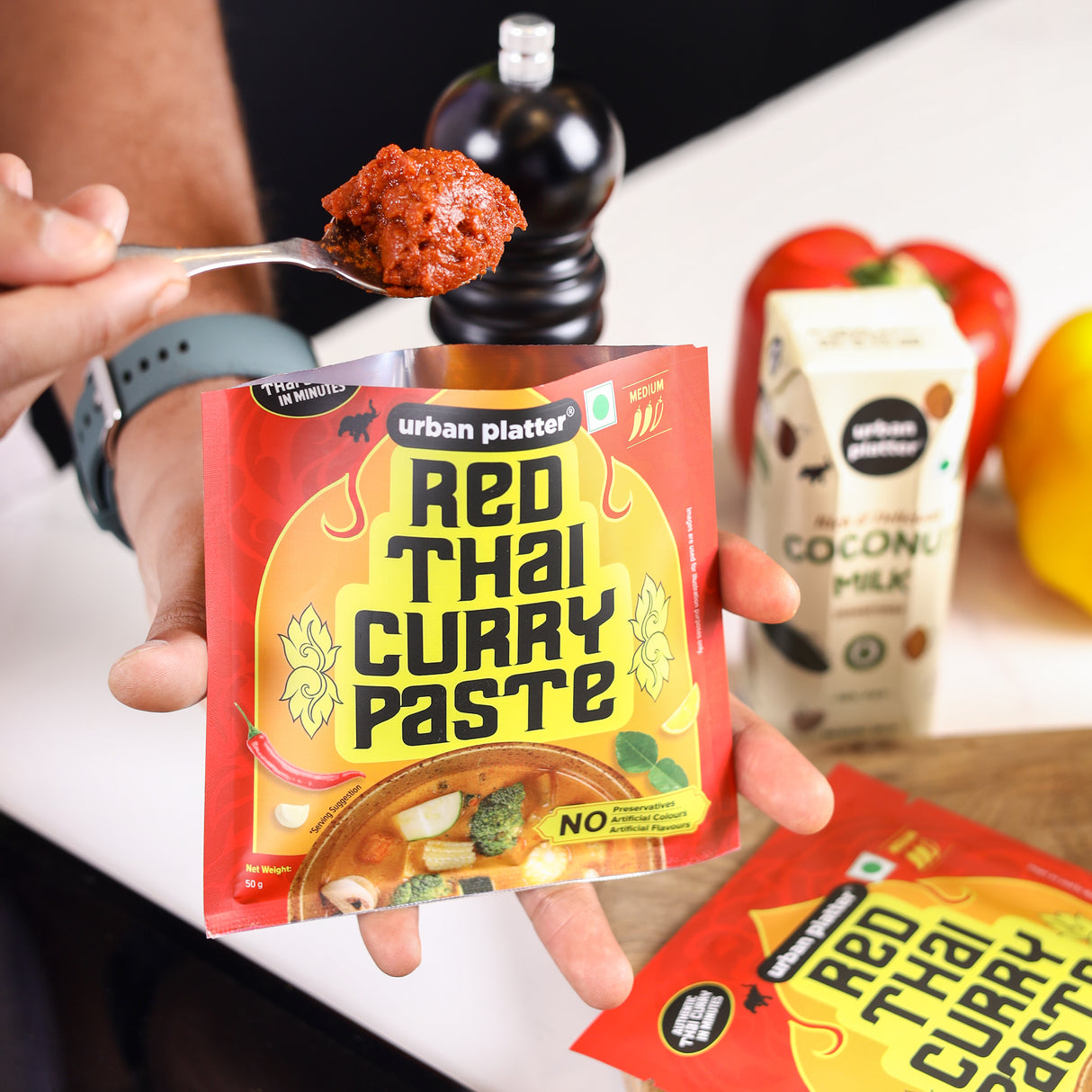 Urban Platter Red Thai Curry Paste, 50g (Plant-Based | Medium Spicy | Serves 2-3 | Free from Preservatives, Colours, Flavours)