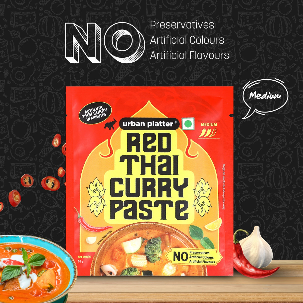 Urban Platter Red Thai Curry Paste, 50g (Plant-Based | Medium Spicy | Serves 2-3 | Free from Preservatives, Colours, Flavours)