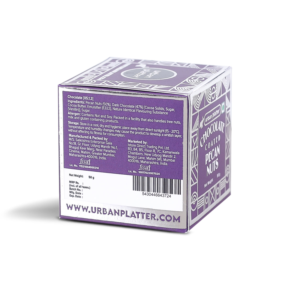 Urban Platter Chocolate Coated Pecan Nuts, 50g (58% Belgian Dark Chocolate | Handcrafted & Artisanal | Perfectly Plant-Based)