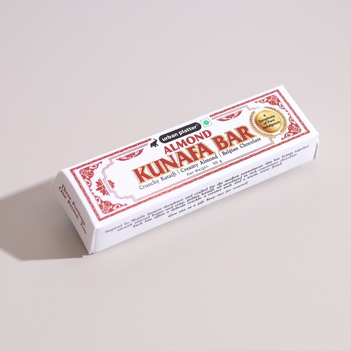 Urban Platter Amond Kunafa Bar, 50g (Middle Eastern Inspired Chocolate Bar Filled with Almond Butter & Kataifi, 58% Belgian Chocolate, Plant-Based)