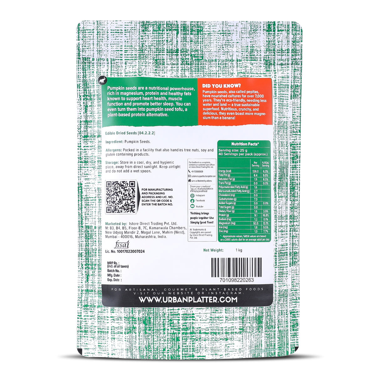 Urban Platter Raw Pumpkin Seeds, 1Kg