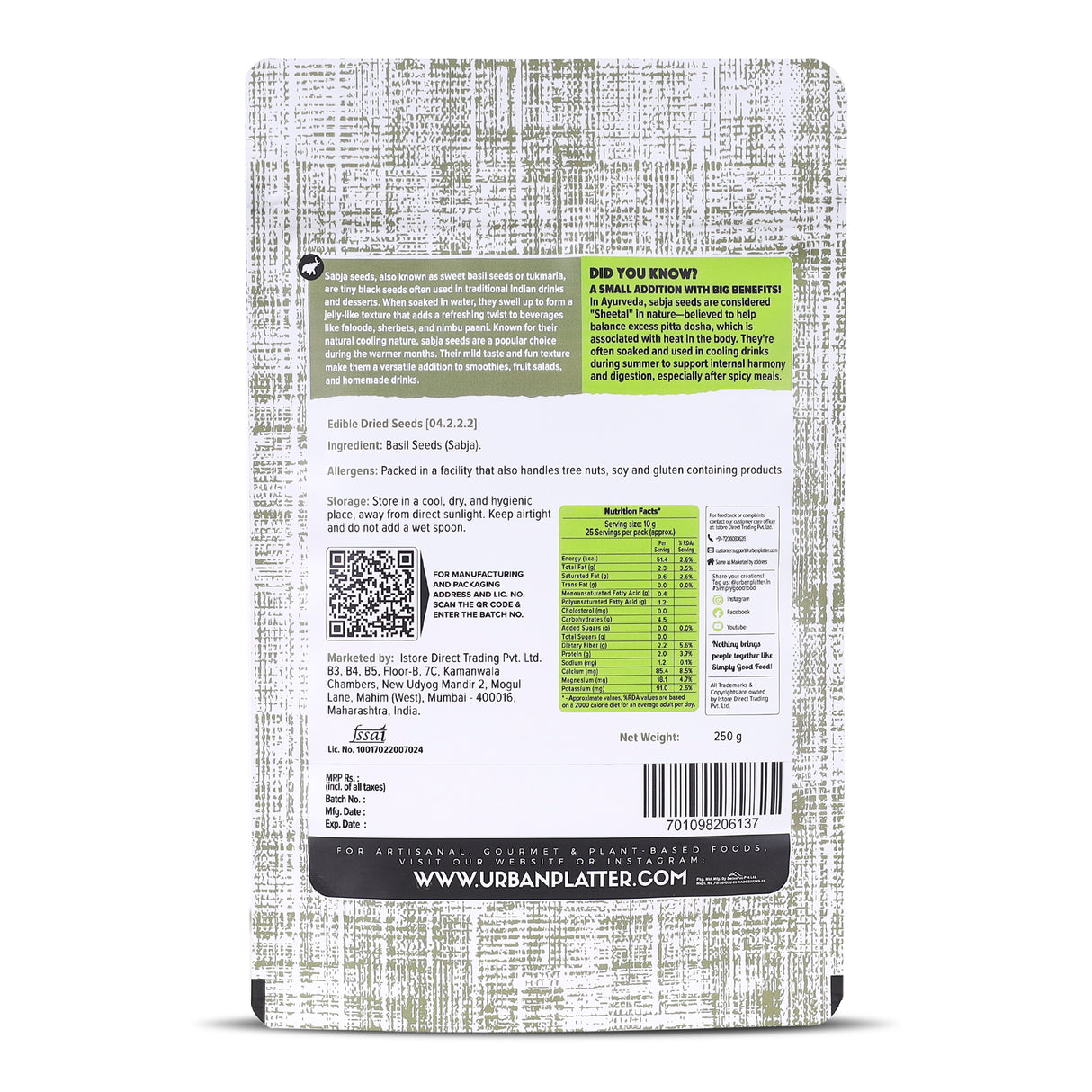 Urban Platter Basil Seeds (Sabja), 400g