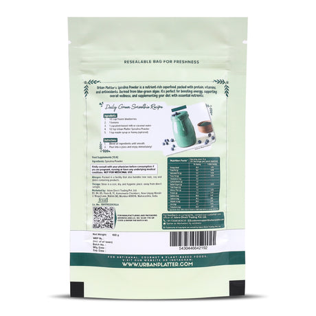 Pure Spirulina Powder, 100g (Naturally Nutrient-Dense | Supports Energy, Immunity & Detox | Rich in Protein & Iron)