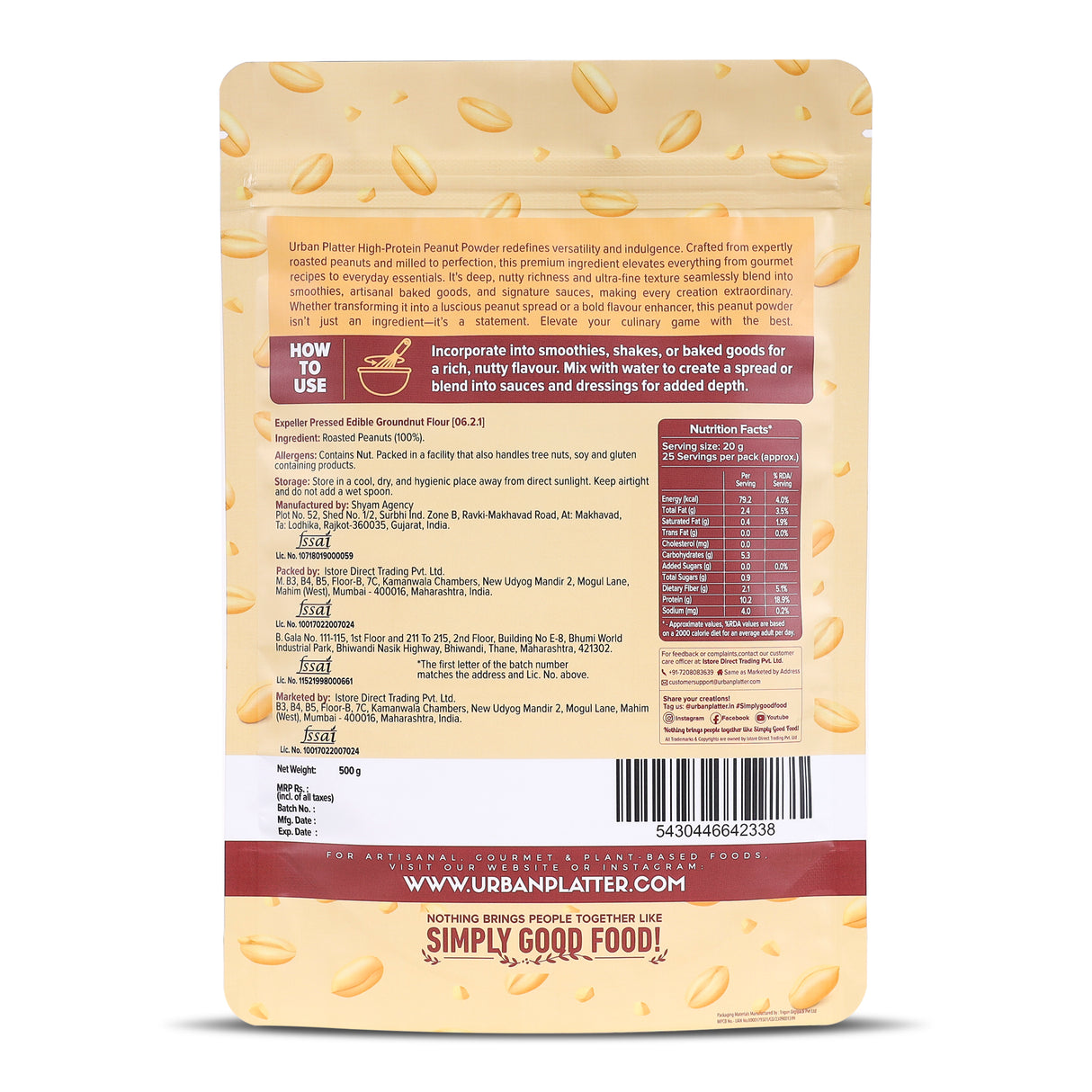 Urban Platter High Protein Peanut Powder, 500g (Plant-Based Protein, Low Fat, Ideal for Protein Additions to your Daily Meals)