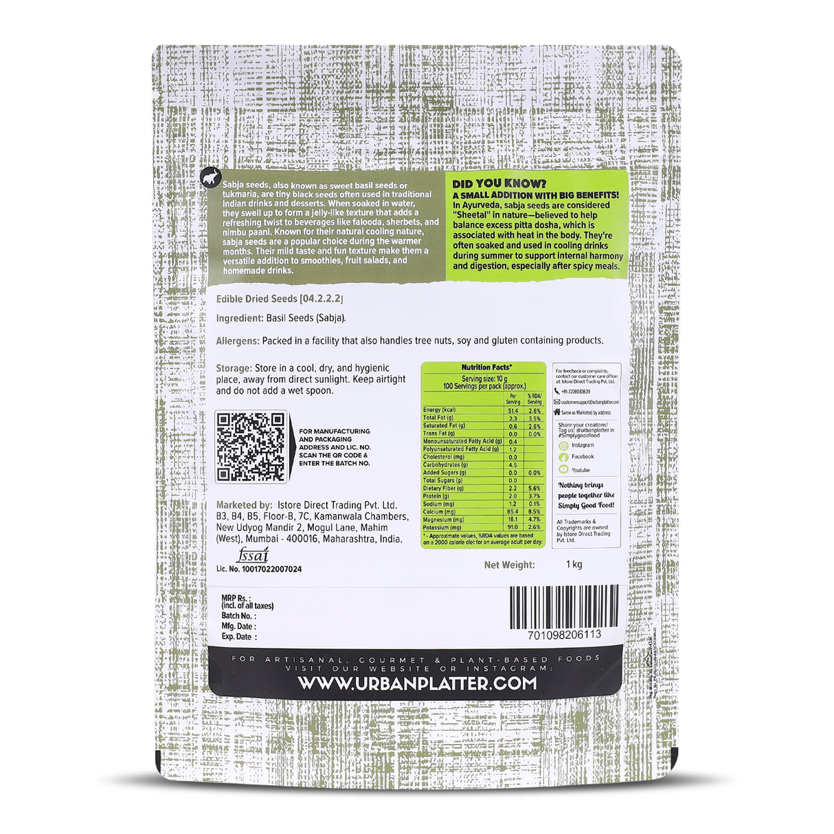 Urban Platter Sabja Seeds, 1kg (Natural Body Coolant, Aids in Digestion, Ayurveda Superfood, Rich in Protein & Fiber)