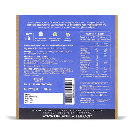 Urban Platter Round Rice Paper Sheets, 400g (Vietnamese Spring Roll Wrappers | Gluten Free | 22 cm Each | 35-40 Sheets per pack)