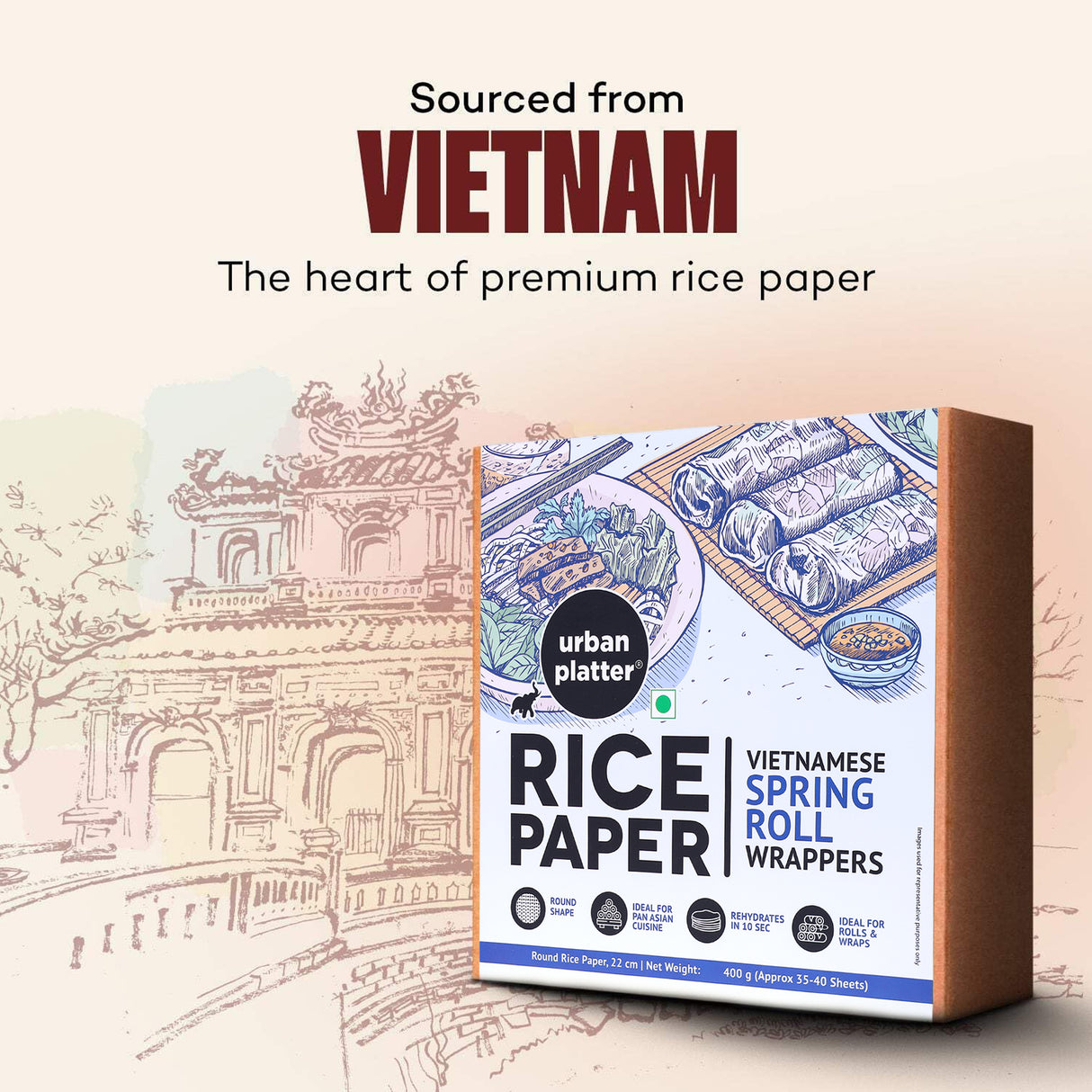 Urban Platter Round Rice Paper Sheets, 400g (Vietnamese Spring Roll Wrappers | Gluten Free | 22 cm Each | 35-40 Sheets per pack)