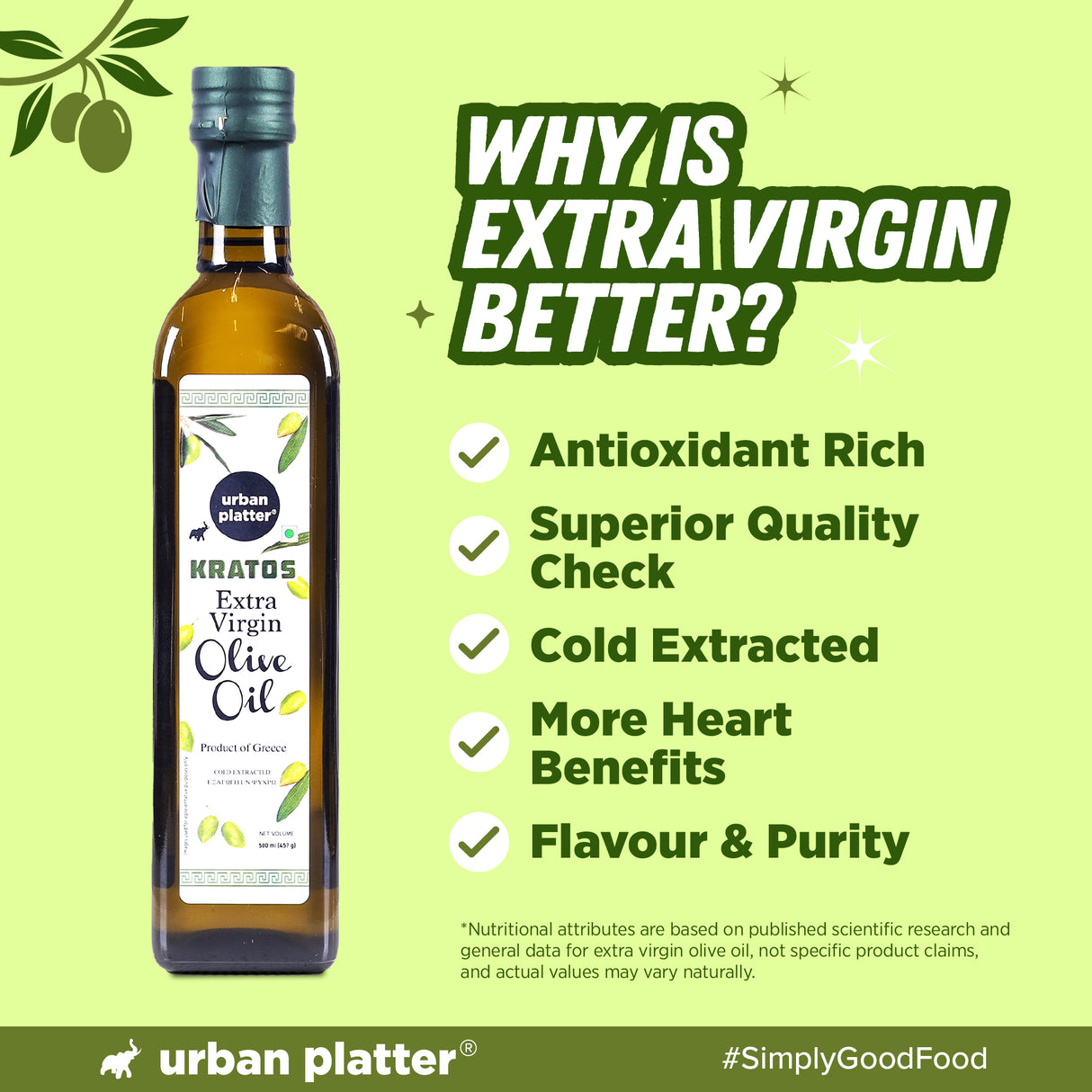 Urban Platter Kratos Cold Pressed Extra Virgin Olive Oil, 500ml (Made in Greece, Single Variety Koroneiki Olives, Rich in Anti-oxidants)