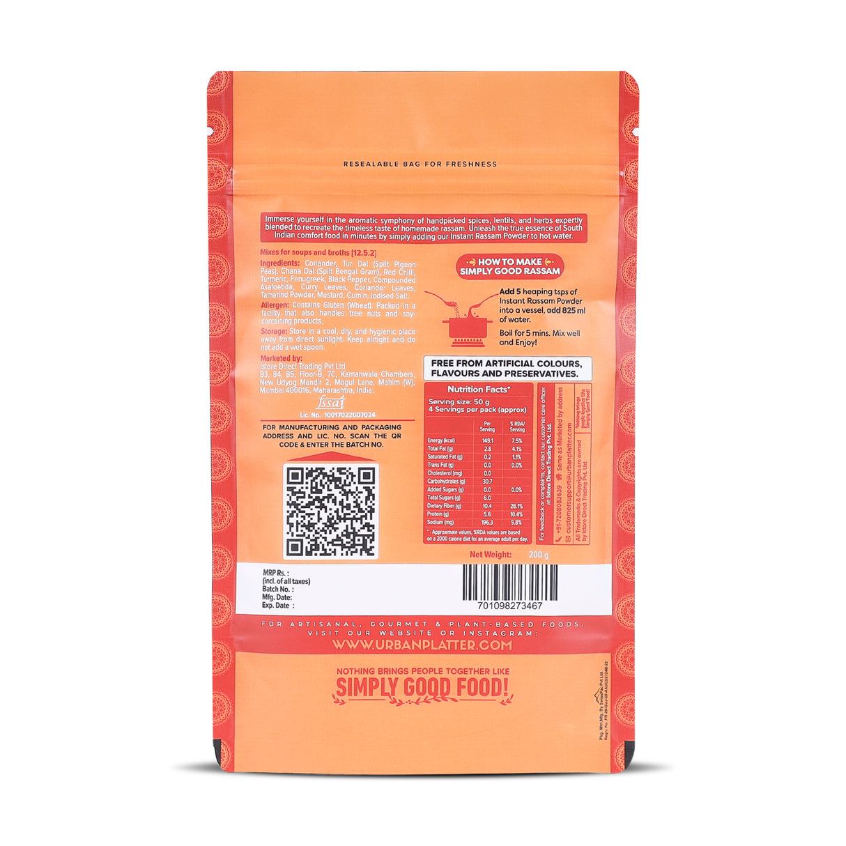 Urban Platter South Indian Style Instant Rassam Powder, 200g / 7oz [Spicy Lentil Soup, Just Add Water & Cook Rasam]