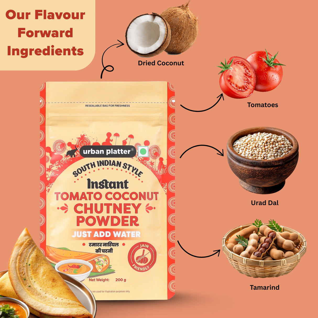 Urban Platter South Indian Style Instant Tomato Coconut Chutney Powder, 200g / 7oz [Nariyal ki Chutney, Just Add Water]