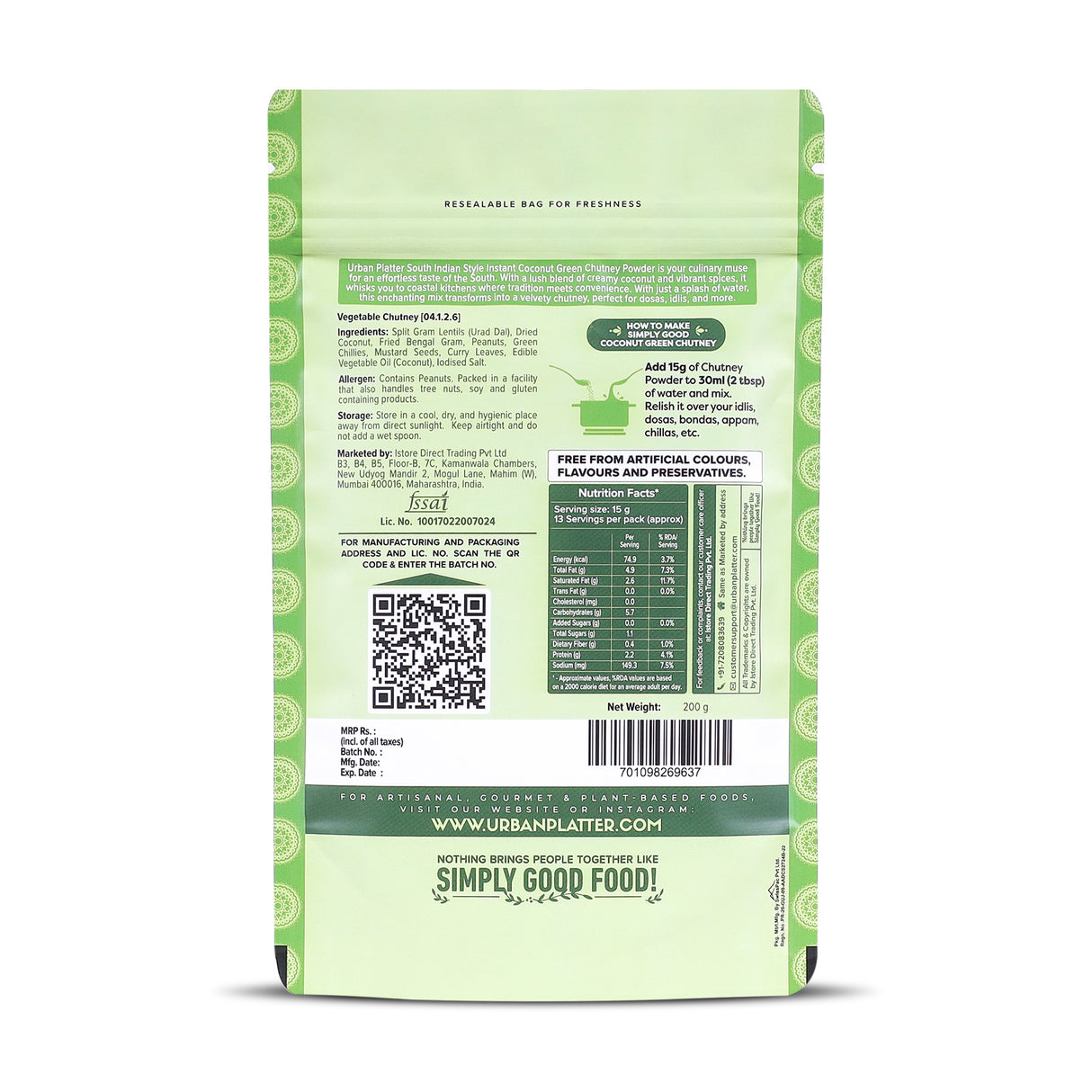 Urban Platter South Indian Style Instant Coconut Green Chutney Powder, 200g [Nariyal ki Chutney, Just Add Water]