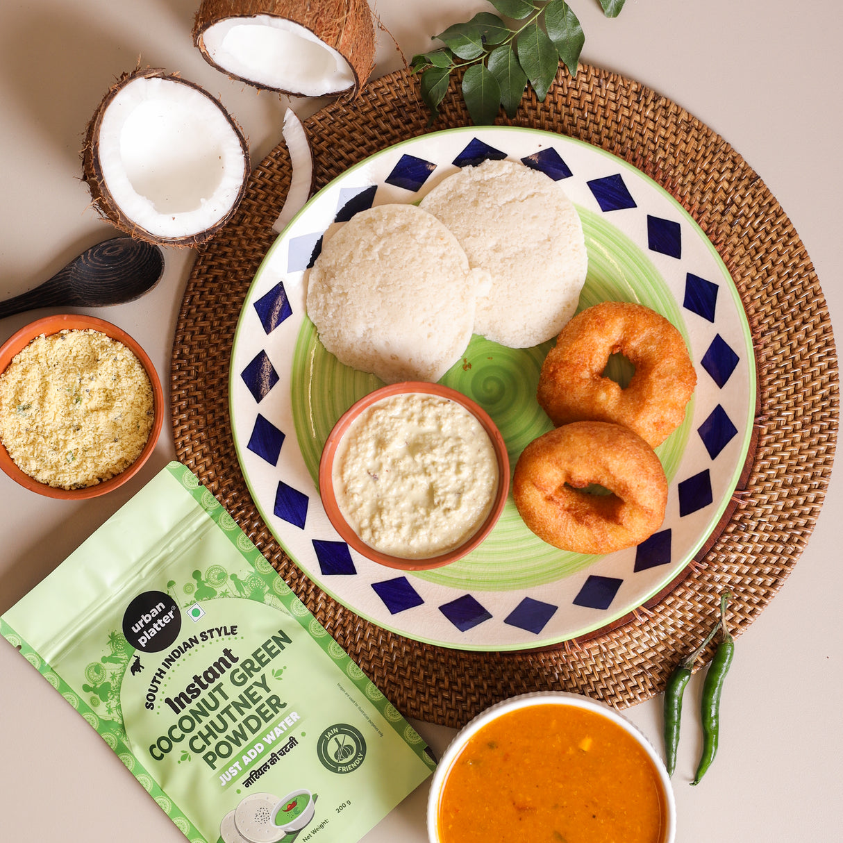 Urban Platter South Indian Style Instant Coconut Green Chutney Powder, 200g [Nariyal ki Chutney, Just Add Water]