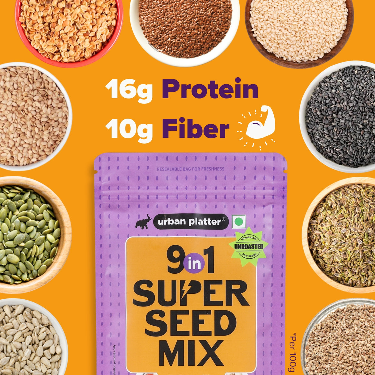 Urban Platter Unroasted 9-in-1 Super Seed Mix, 250g (High Protein & High Fiber Blend | Raw & Ready-to-Eat Superfood Snack)