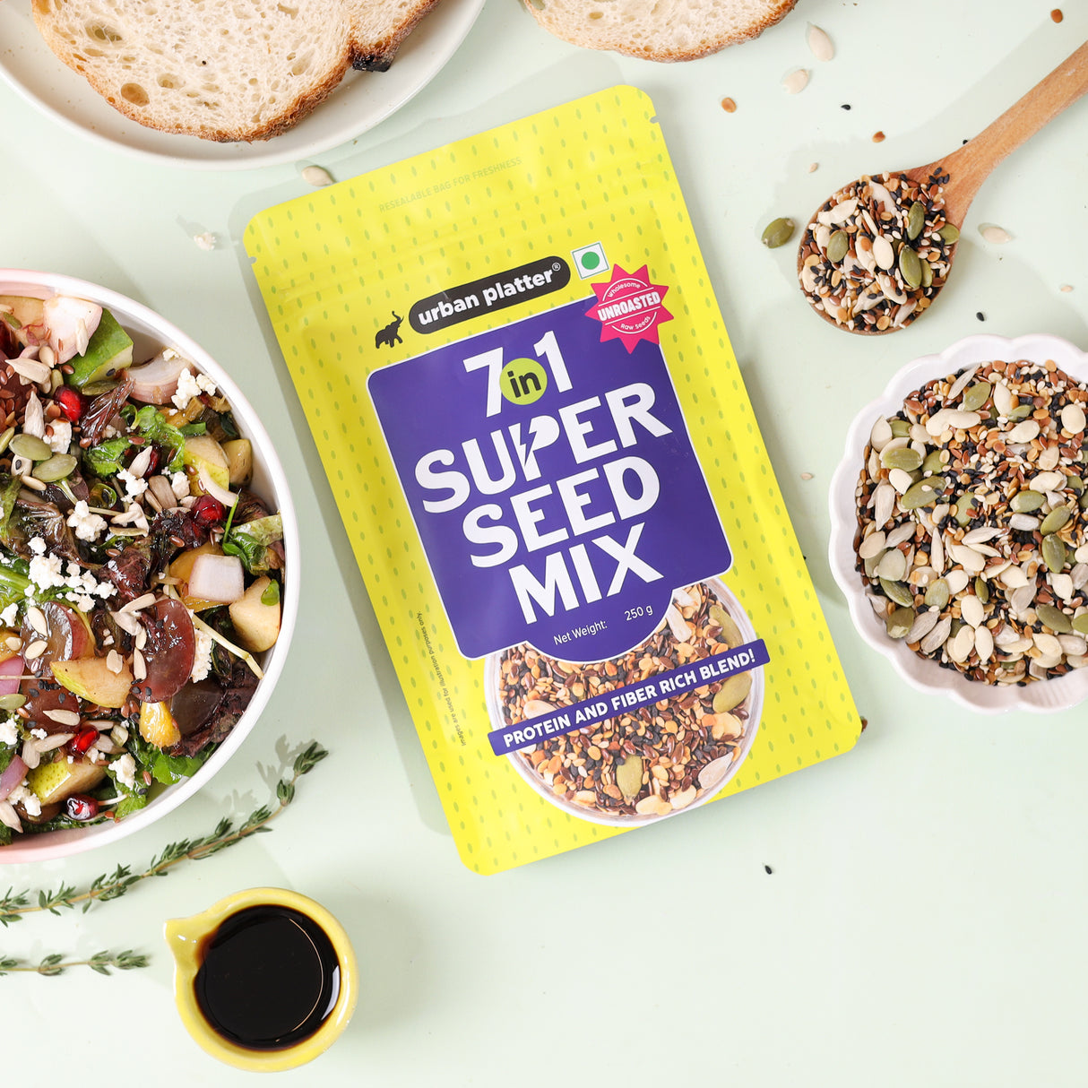 Urban Platter Unroasted 7-in-1 Super Seed Mix, 250g (High Protein & Fiber | Pumpkin, Sunflower, Watermelon, Split Coriander, White & Black Sesame & Flax Seed Blend | Raw & Ready-to-Eat Superfood Snack)