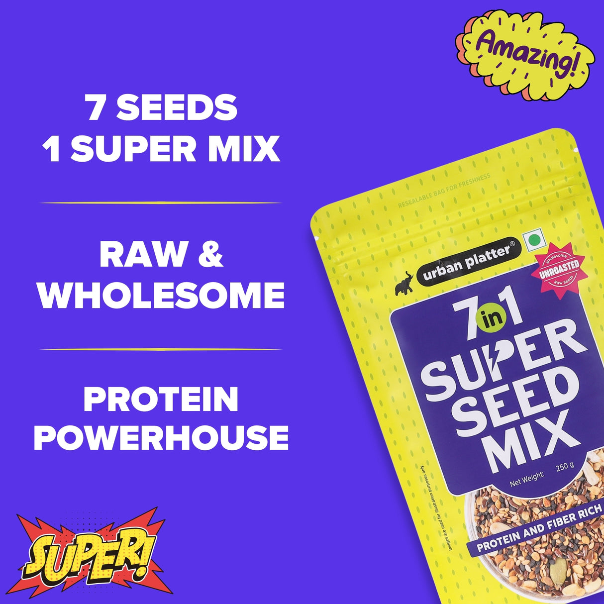 Urban Platter Unroasted 7-in-1 Super Seed Mix, 250g (High Protein & Fiber | Pumpkin, Sunflower, Watermelon, Split Coriander, White & Black Sesame & Flax Seed Blend | Raw & Ready-to-Eat Superfood Snack)