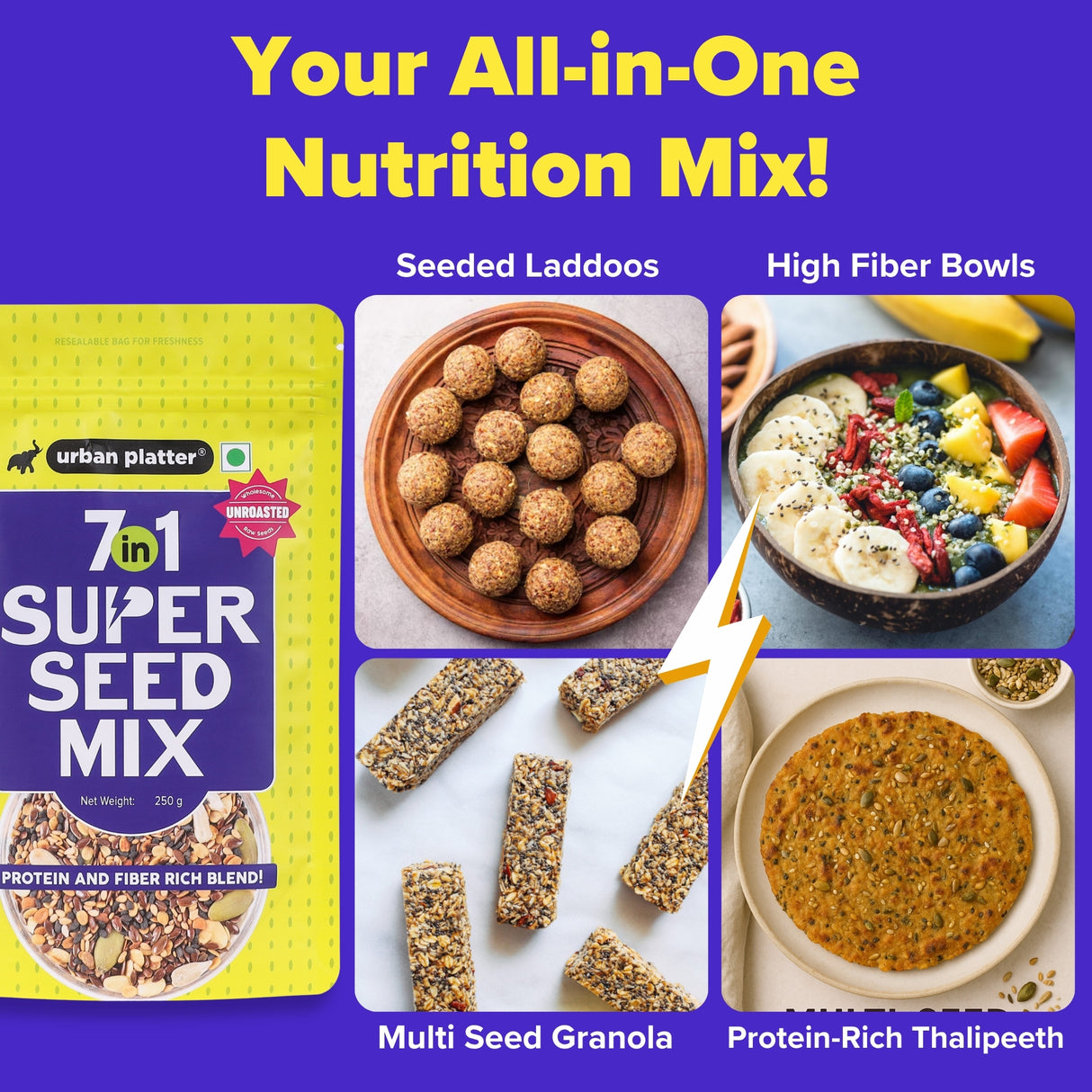 Urban Platter Unroasted 7-in-1 Super Seed Mix, 250g (High Protein & Fiber | Pumpkin, Sunflower, Watermelon, Split Coriander, White & Black Sesame & Flax Seed Blend | Raw & Ready-to-Eat Superfood Snack)