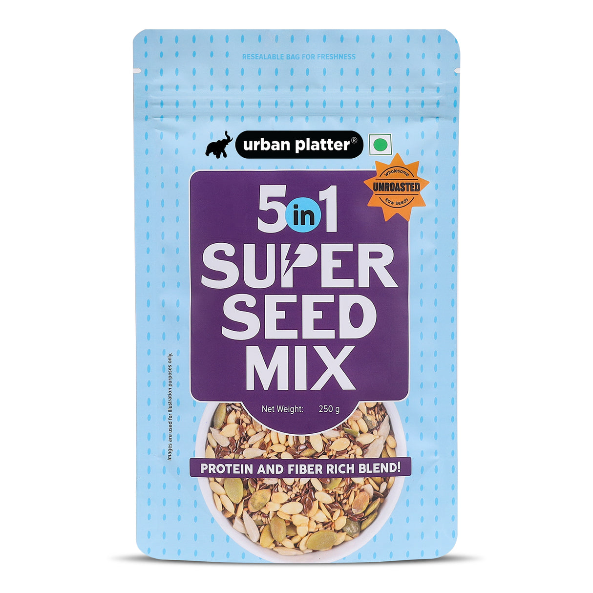 Urban Platter Unroasted 5-in-1 Super Seed Mix, 250g (High Protein & Fiber | Pumpkin, Sunflower, Watermelon, Sesame & Flax Seed Blend | Raw & Ready-to-Eat Superfood Snack)