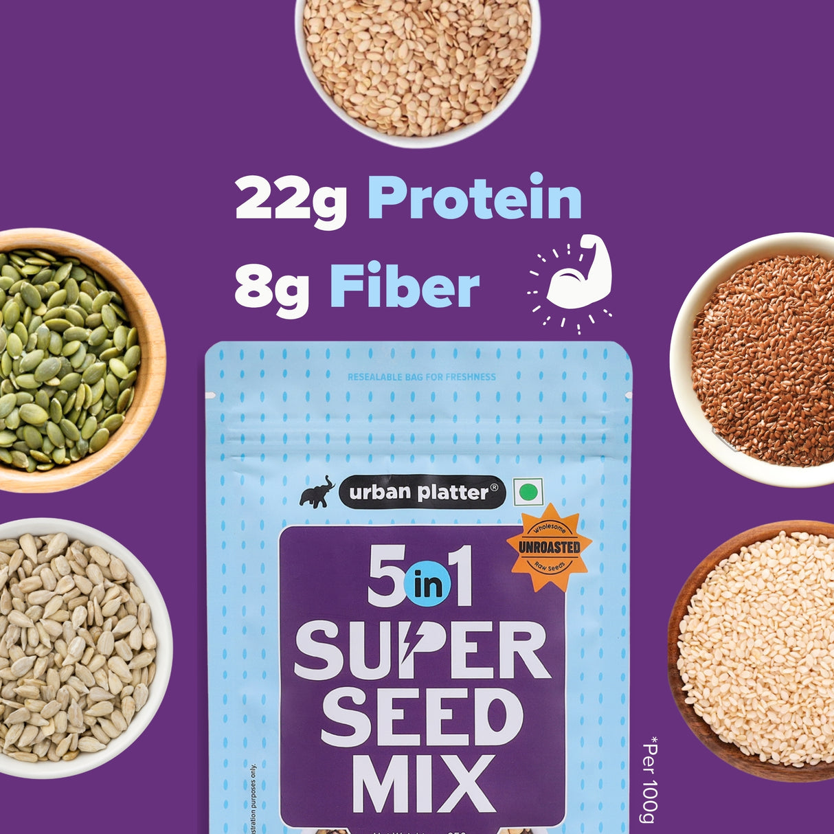 Urban Platter Unroasted 5-in-1 Super Seed Mix, 250g (High Protein & Fiber | Pumpkin, Sunflower, Watermelon, Sesame & Flax Seed Blend | Raw & Ready-to-Eat Superfood Snack)