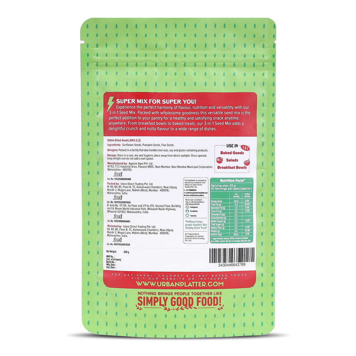 Urban Platter Unroasted 3-in-1 Super Seed Mix, 250g (High Protein & Fiber | Pumpkin, Sunflower & Flax Seed Blend | Raw & Ready-to-Eat Superfood Snack)