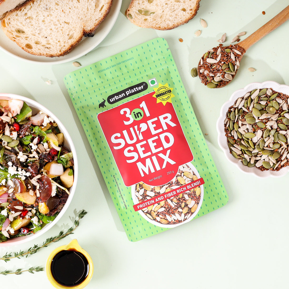 Urban Platter Unroasted 3-in-1 Super Seed Mix, 250g (High Protein & Fiber | Pumpkin, Sunflower & Flax Seed Blend | Raw & Ready-to-Eat Superfood Snack)